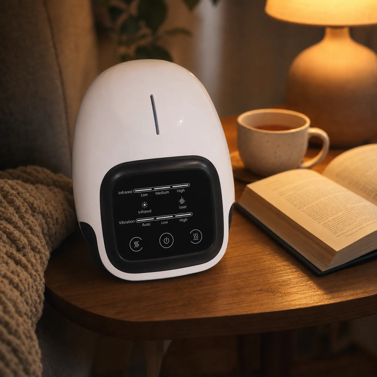 GlowKnee wrap resting on a side table next to a warm cup of tea and a book, evoking an evening heat-therapy routine