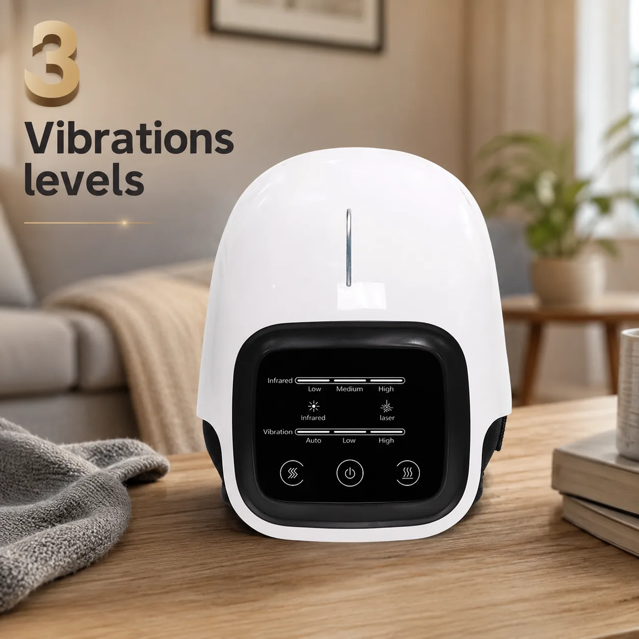 GlowKnee wrap on a coffee table with a callout highlighting its vibration intensity levels