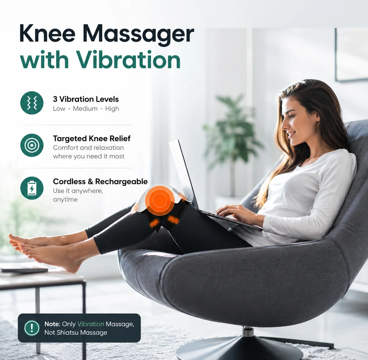 GlowKnee's three vibration levels — low, medium, high — shown with an at-home user