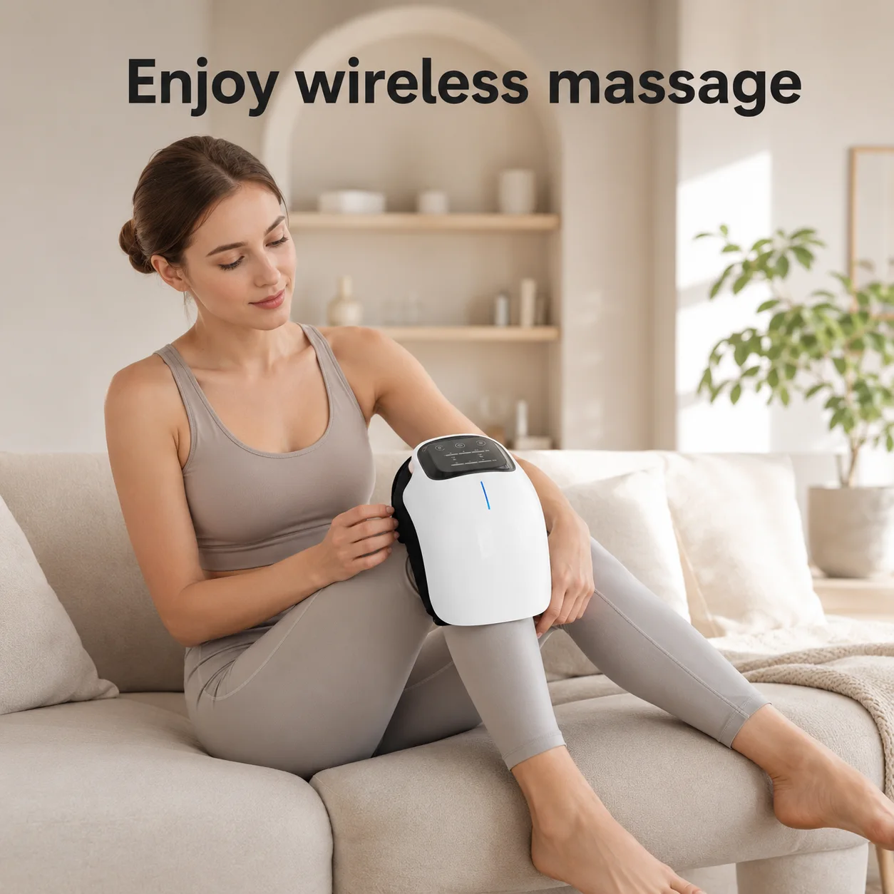 A GlowKnee owner using the cordless knee wrap while sitting on a sofa at home