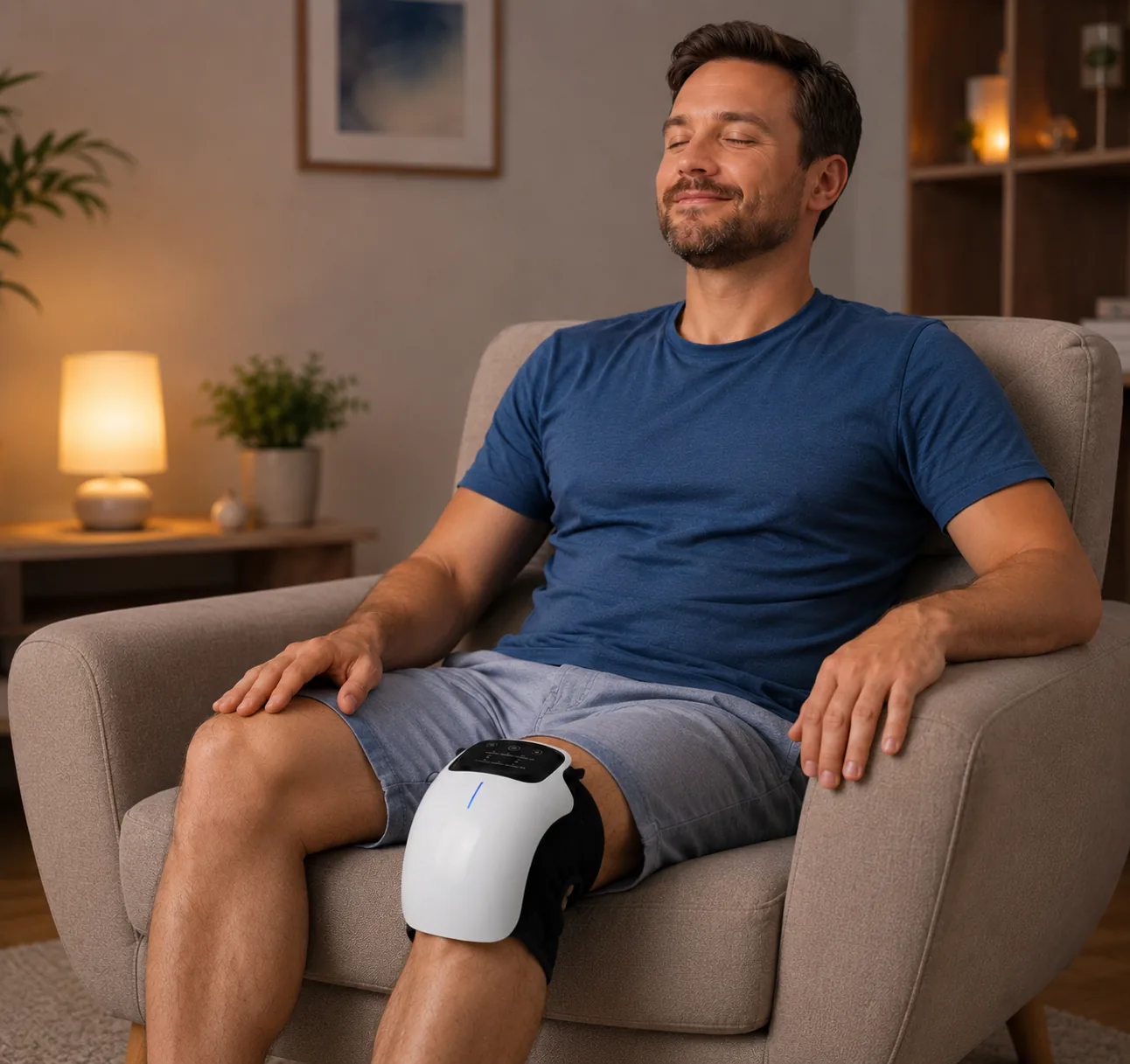 GlowKnee cordless knee massager wrap in white, worn around the knee with no cord attached