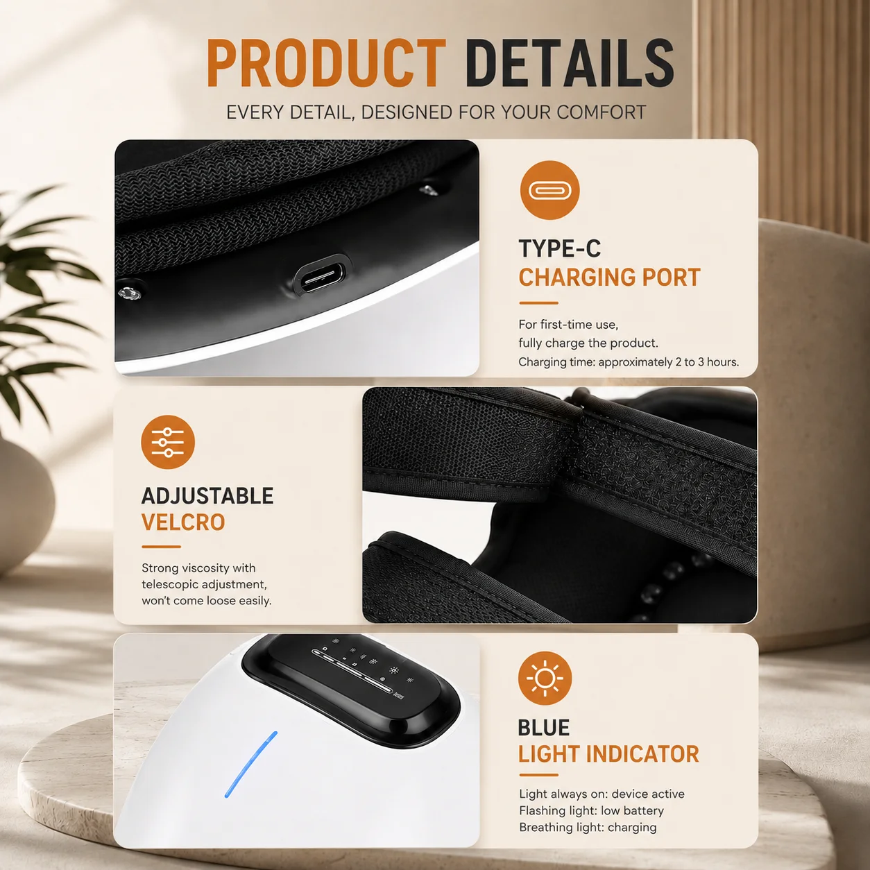 GlowKnee product details: USB-C charging port, adjustable velcro strap, and blue light status indicator
