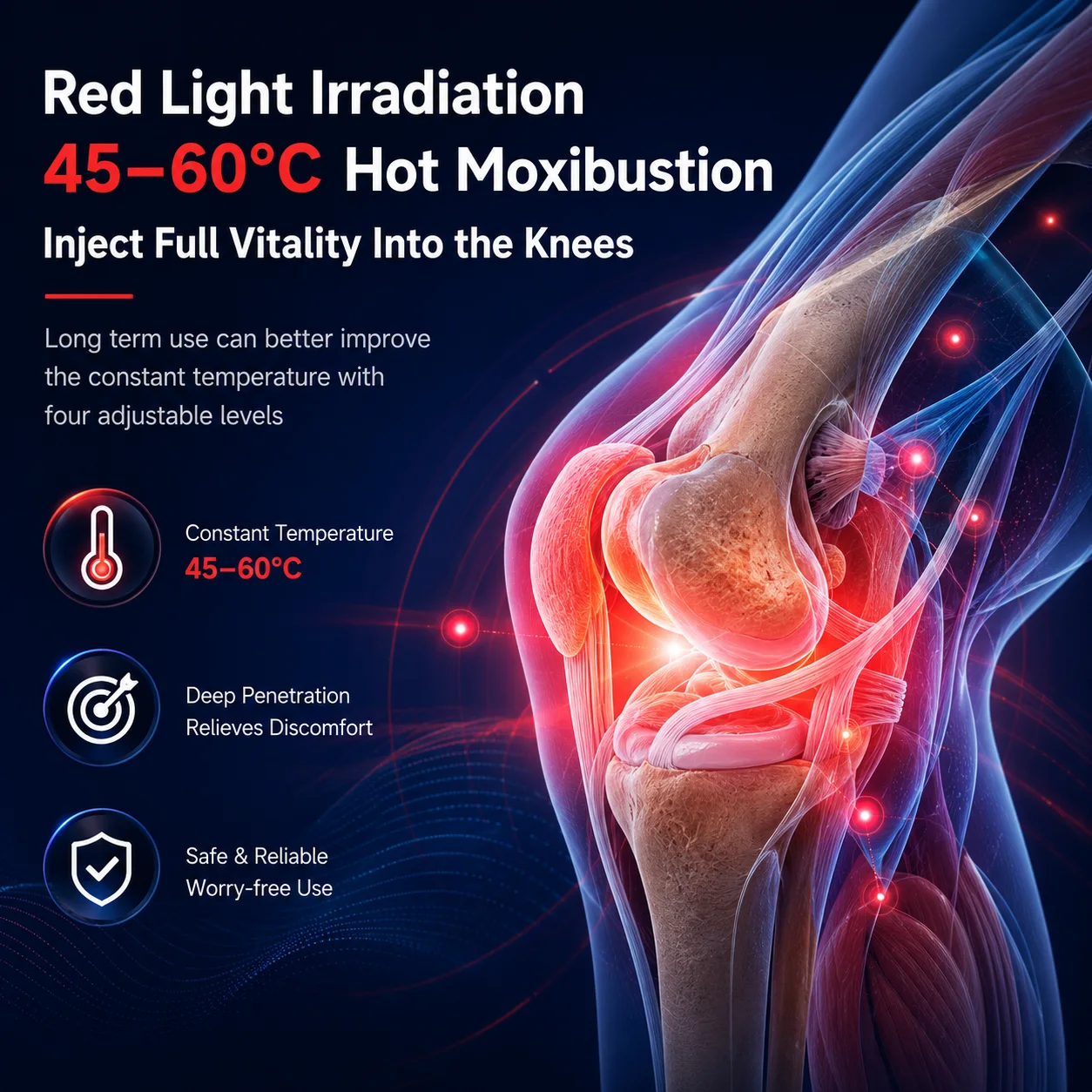 Infographic showing the GlowKnee wrap's 45-60°C heat and red light directed at the knee joint