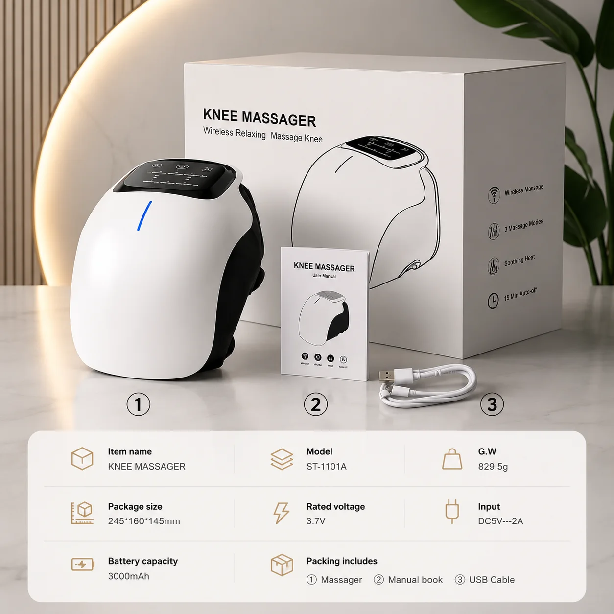 GlowKnee knee massager next to its retail box, USB-C cable and printed spec sheet